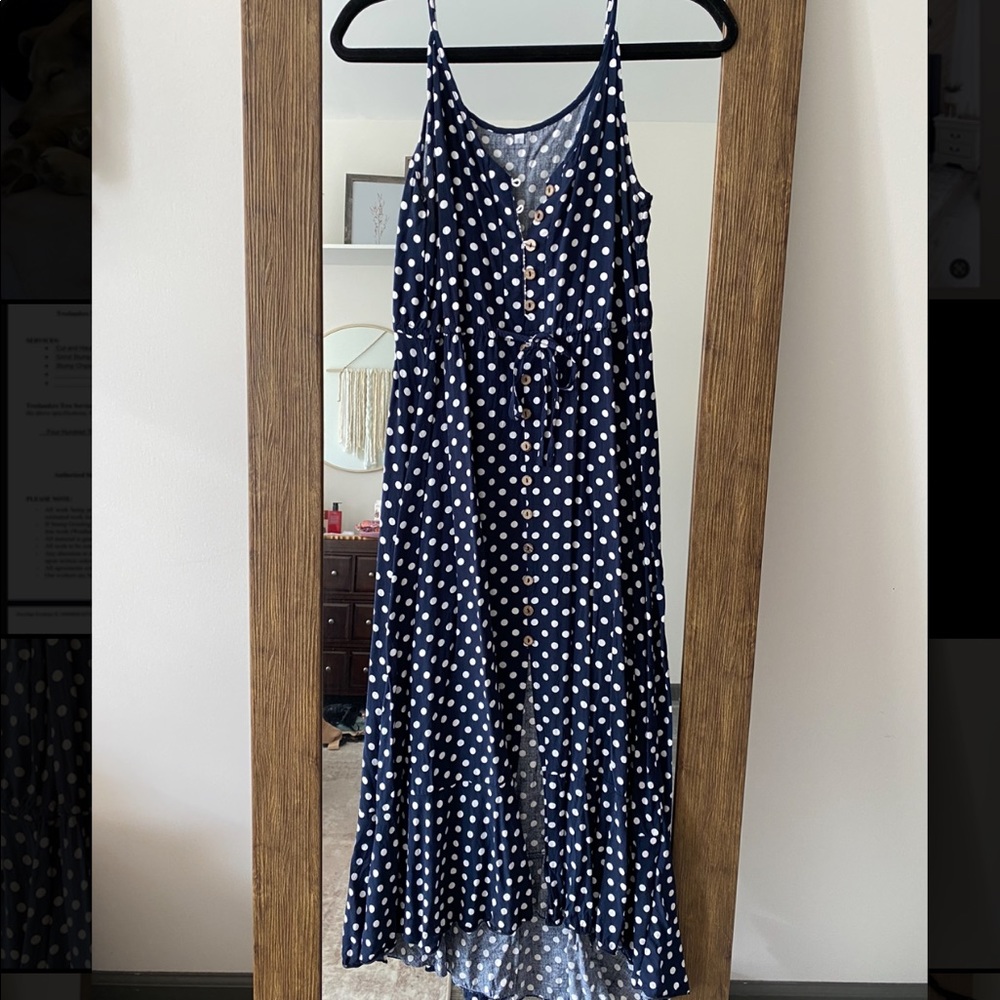 Navy with White Polka Dot A-Line Button Down Casual Sleeveless Slit Maxi Dress